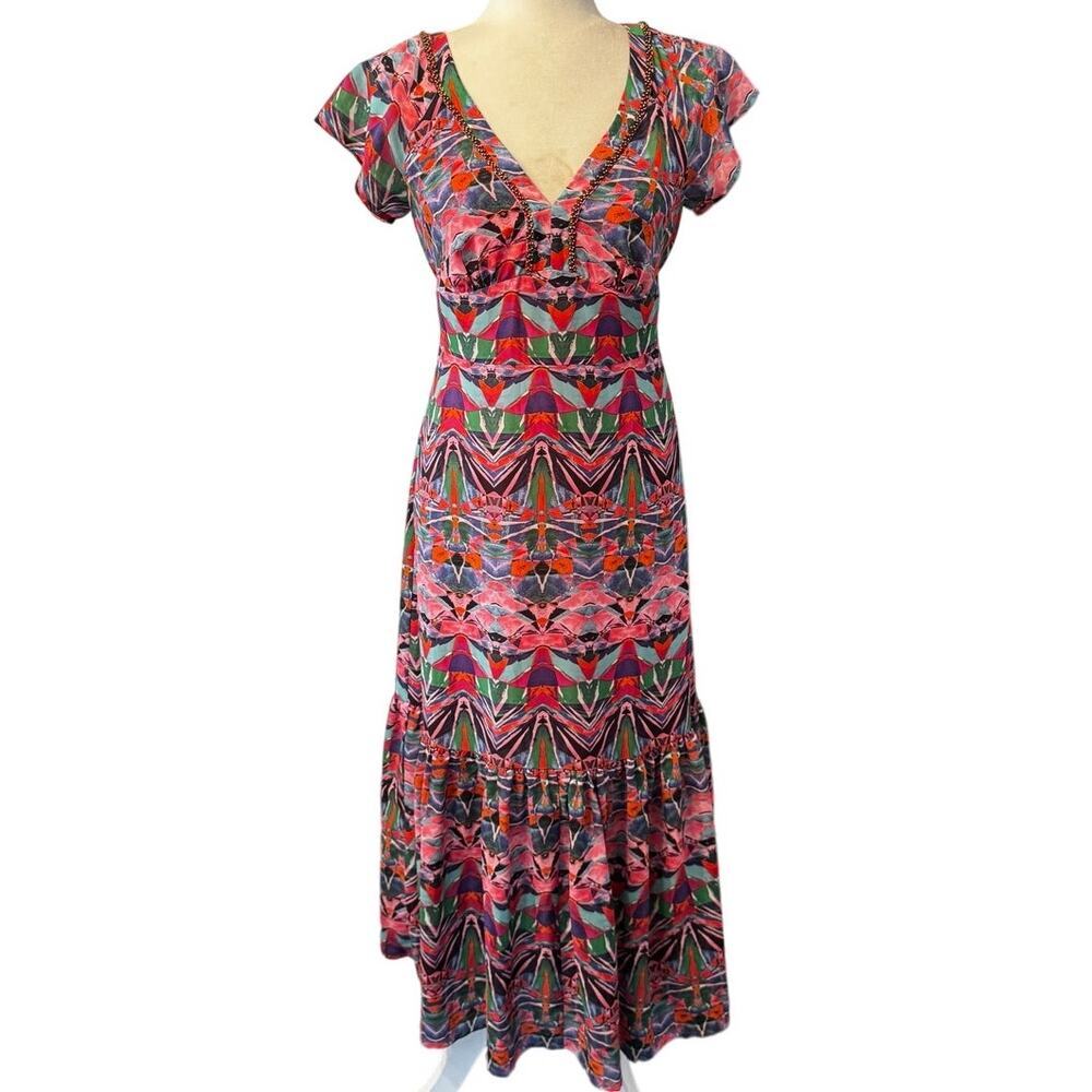 Vanessa Virginia Anthropologie Mural Maxi Dress Multicolor Print Tie Back Size 6